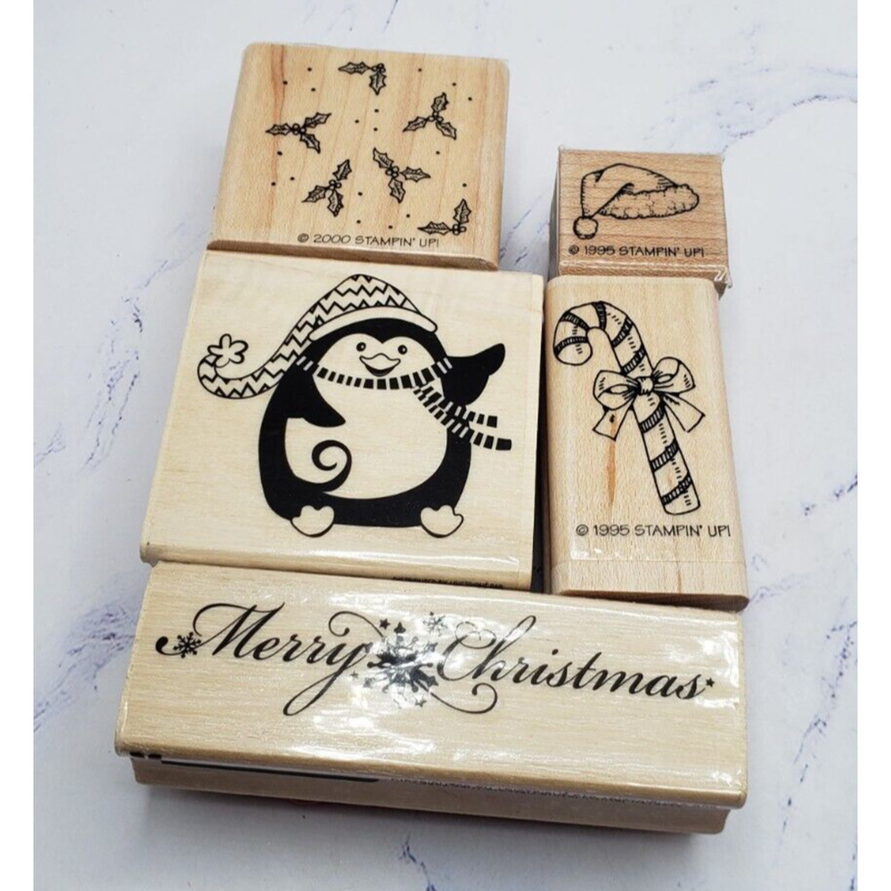 Christmas Themed Lot of 5 Holiday Wood Mounted Rubber Stamps